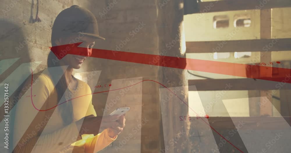 Poster person in helmet using smartphone with financial graph animation overlay