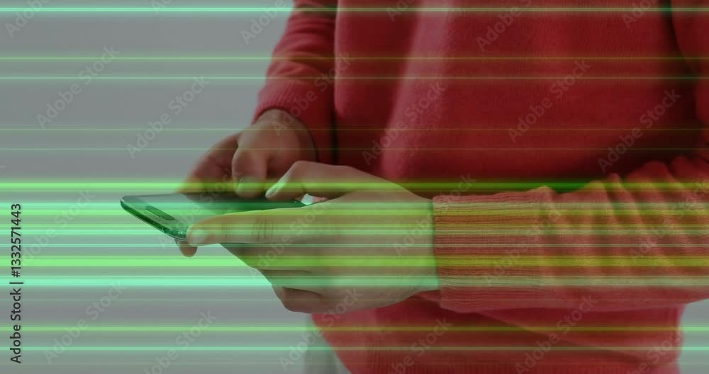 Poster using smartphone, person interacting with digital green animation in school setting