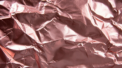 Crumpled rose gold metallic foil with shiny reflective texture creating abstract folds and creases, elegant background for luxury branding, packaging, invitations, fashion, and modern digital designs.