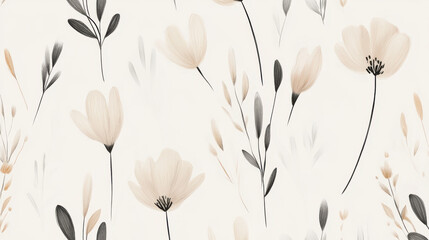A minimalist hand-drawn pattern of abstract floral motifs, delicately illustrated in a soft, muted color palette on a light beige background