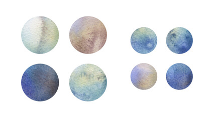 Set of round icons. Design elements isolated on white background. Artistic colorful watercolor background with stains and splashes of paint.