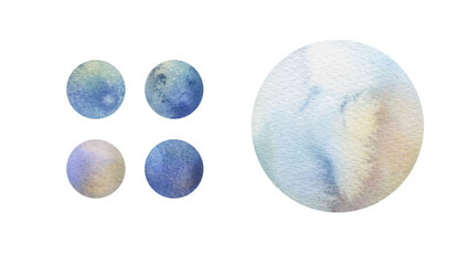 Set of round icons. Design elements isolated on white background. Artistic colorful watercolor background with stains and splashes of paint.