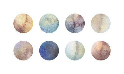 Set of round icons. Design elements isolated on white background. Artistic colorful watercolor background with stains and splashes of paint.