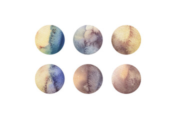 Set of round icons. Design elements isolated on white background. Artistic colorful watercolor background with stains and splashes of paint.
