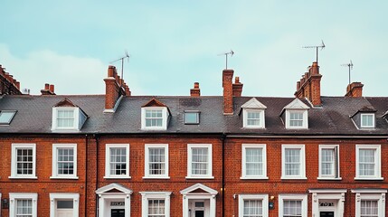 Fototapeta premium A photograph of an elevated view of row of terraced brick houses in London, taken from the front with the windows and chimneys in focus