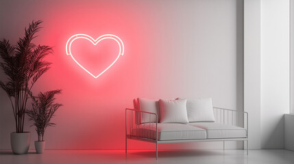 Pink neon heart shaped sign glowing in a minimalist interior room, with copyspace
