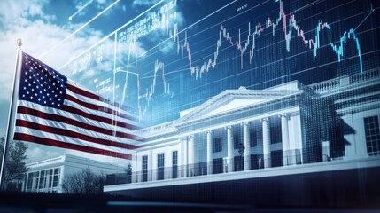 American Flag And Stock Market Chart Representing Economic Analysis
