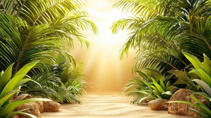 Fototapeta premium Sunlit Sandy Path Through Lush Tropical Foliage