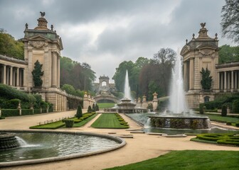 A Serene Park Showcasing Elegant Classical Architecture Framing A Majestic Fountain Under A Softly Overcast Sky