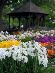 Fototapeta premium Beautiful flower garden with vibrant colors and decorative gazebo surrounded by blooming flora in springtime, showcasing nature's artistry and tranquility