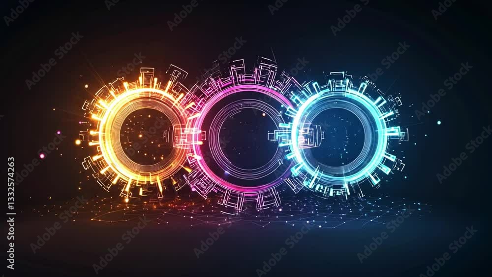 Poster dynamic circular patterns in vibrant colors display technological innovation in 4k resolution