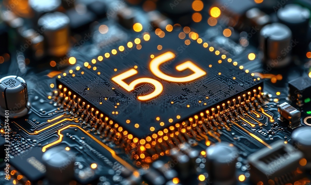 Poster closeup of a 5g chip showcasing advanced technology with glowing data paths on a circuit board