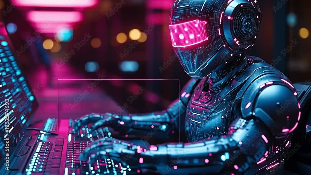 Poster futuristic robot typing on a glowing keyboard in a neon-lit digital workspace at night