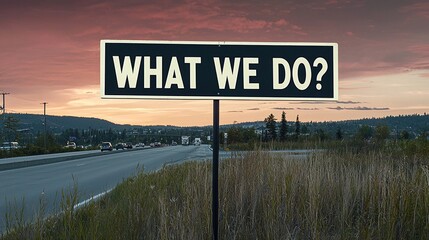 Conceptual traffic sign inviting reflection on purpose, located beside a rural highway during sunset