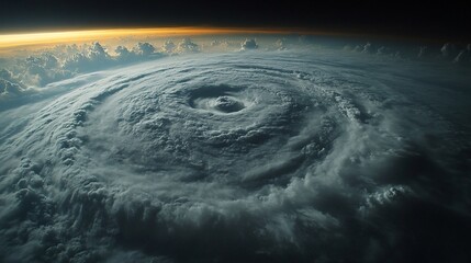 Massive hurricane swirls, eye visible, under a golden sky above dense cloud cover