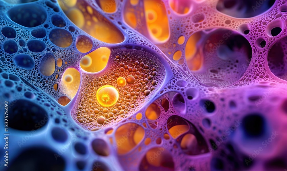Poster dynamic microscopic cells reveal colorful nuclei within a vibrant cellular matrix