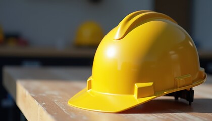 A vibrant yellow hard hat rests on a wooden surface with a blurred background, symbolizing the dedication, safety, and resilience of workers, perfectly reflecting the essence of Labor Day