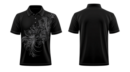 Black Polo Shirt Design - Front & Back View Mockup with Tattoo Style Flowers, Black Polo Shirt with Tattoo Themed Flower Design, on a transparent backgrounds