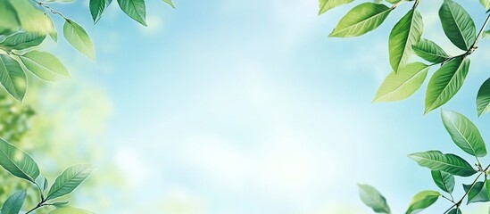 Obraz premium Beautiful green leaves on a blurred blue sky background, a banner design. Spring or summer nature concept with copy space for text. 
