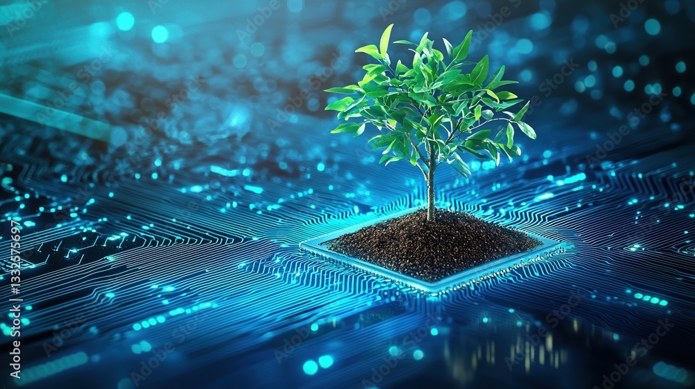 Poster tree growing on computer circuit board symbolizes innovation in green technology and sustainable com