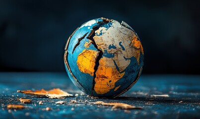 Cracked globe highlights division and conflict driven by tariffs and sanctions, contrasting vibrant colors with dark surroundings