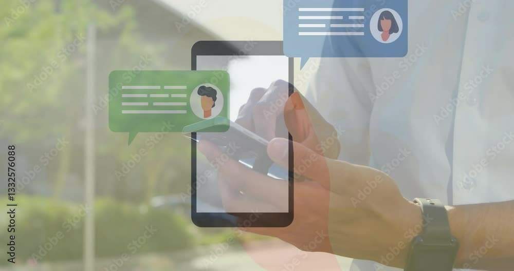 Poster using smartphone, person viewing animation of chat message icons on screen