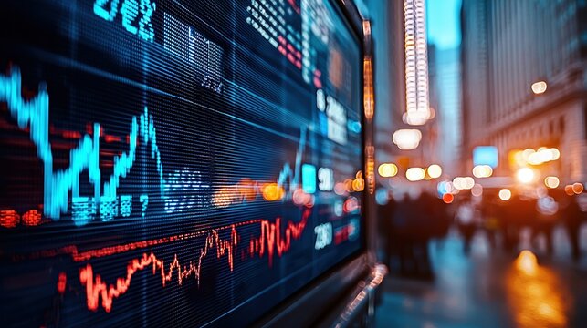 Dynamic city skyline with vibrant financial graphs highlighting market activity during evening hours - Powered by Adobe