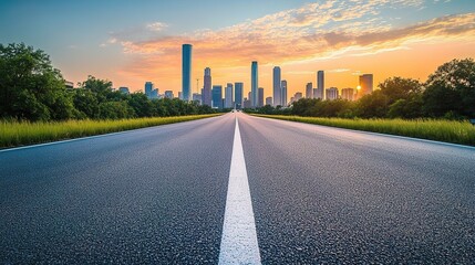 Obraz premium The highway leading to the city skyline is illuminated by the setting sun, creating an atmosphere of urban tranquility and modernity.