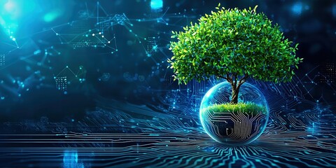 Tree blossoming on digital circuit globe symbolizes technology and sustainability in a blue network atmosphere