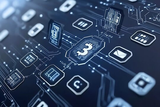 Digital cryptocurrency circuit board depicting various informational icons and symbols - Powered by Adobe