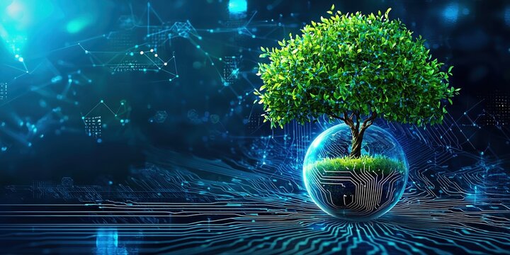 Tree blossoming on digital circuit globe symbolizes technology and sustainability in a blue network atmosphere