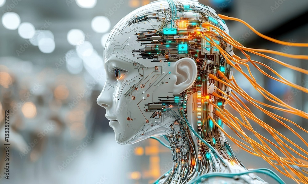 Poster profile of a humanoid robot with intricate wiring illustrating advancements in artificial intelligen
