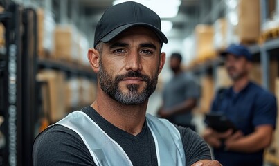 Logistics manager leads team in a large warehouse optimizing supply chain management with advanced technology