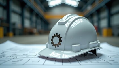 A white hard hat with a gear symbol sits atop detailed architectural blueprints in a large industrial warehouse, symbolizing construction, planning, and the dedication celebrated on Labor Day