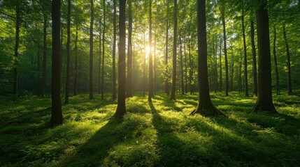 Fototapeta premium Sunlit Forest: A Serene Morning in the Woods