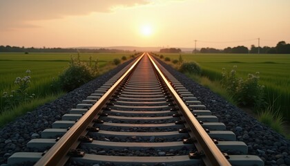 Fototapeta premium A railway track stretches into the horizon under a vibrant sunset, flanked by lush green fields, symbolizing progress, dedication, and the continuous journey of hard work celebrated on Labor Day.