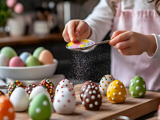 child joyfully sprinkles colorful sugar onto decorated Easter eggs in cozy kitchen setting