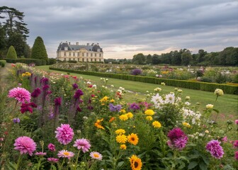 A Breathtaking Summer Garden Bursting With Vibrant Blooms Stretches Towards A Majestic Chateau Under A Cloudy Sky, Showcasing A Picturesque Landscape In Soft Natural Light
