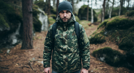 Obraz premium Young caucasian male hiker in camo jacket exploring forest
