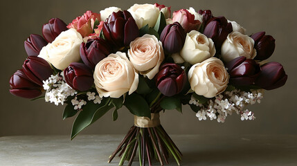 Stunning bouquet of dark tulips and creamy roses