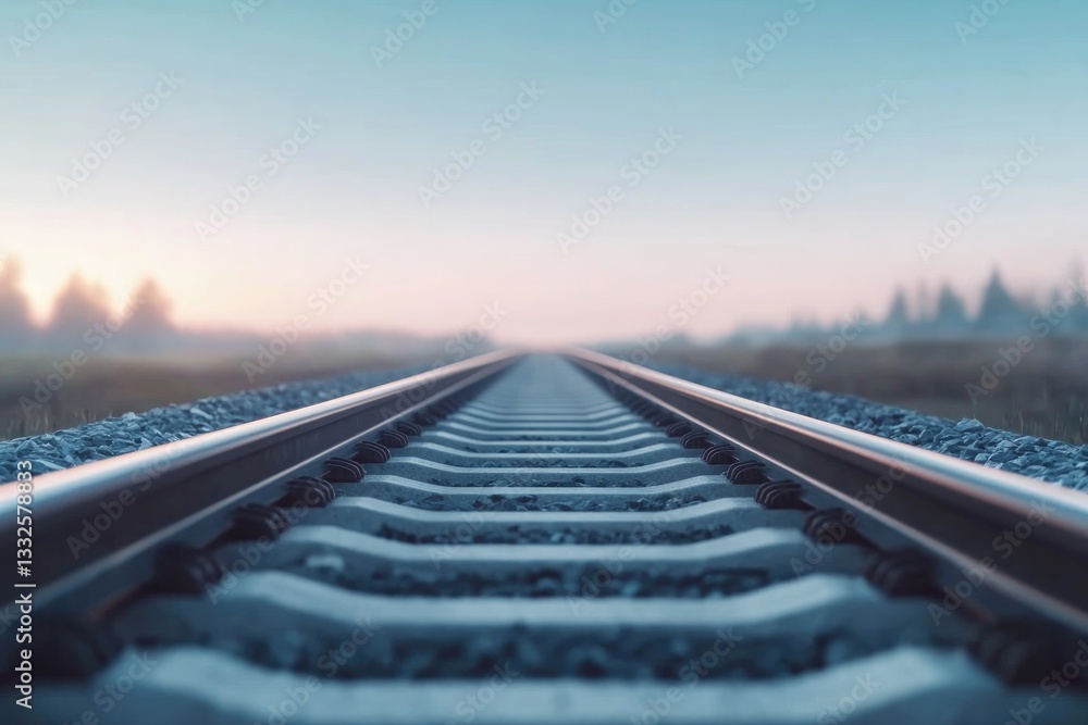Poster close-up shot of sleek train wheel on rail track showcasing intricate details and mechanics with sof