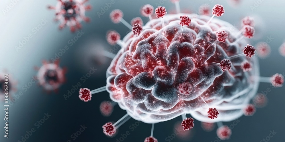 Poster exploring brain activity through a blurry visualization with red and white particle representations