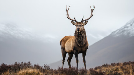 Fototapeta premium Majestic red deer stag standing in the misty Scottish highlands with snow-capped mountains in the background, symbolizing wildlife, nature, and the beauty of European landscapes.