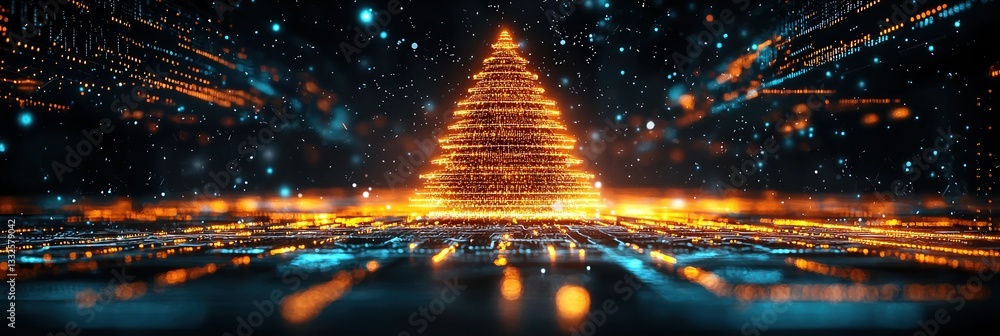 Poster digital christmas tree made of binary code illuminates high-tech environment during festive season