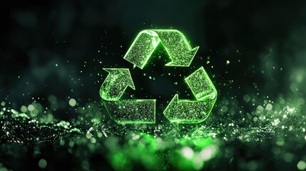 Glowing green recycling symbol radiating environmental awareness on a dark, sparkling background