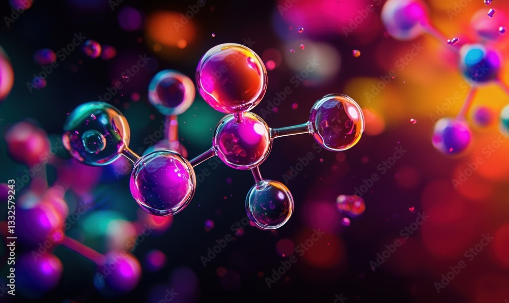 Poster vibrant abstract representation of floating molecules in dynamic colors illustrating the essence of 