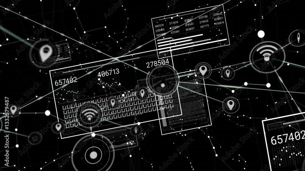 Poster digital network connections processing data animation on abstract black background