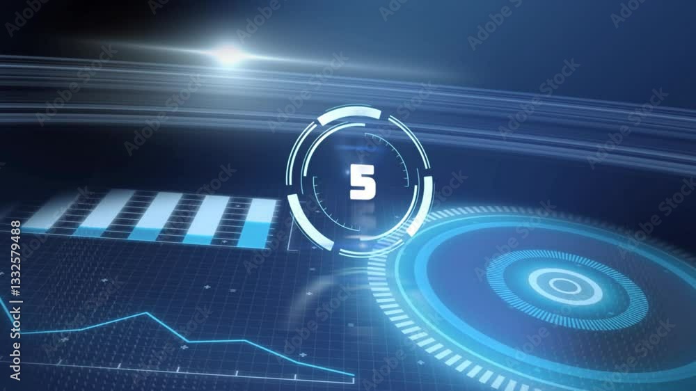 Poster glowing blue digital interface with futuristic countdown and graphs animation