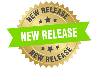 new release. new release round green and gold label isolated on transparent background