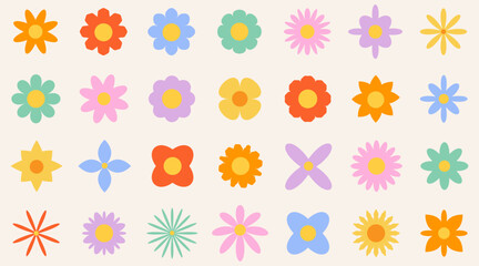 Set of colorful abstract flowers. Retro geometric spring flowers. Groovy simple flowers set. For greting card, poster, banner, social media.
